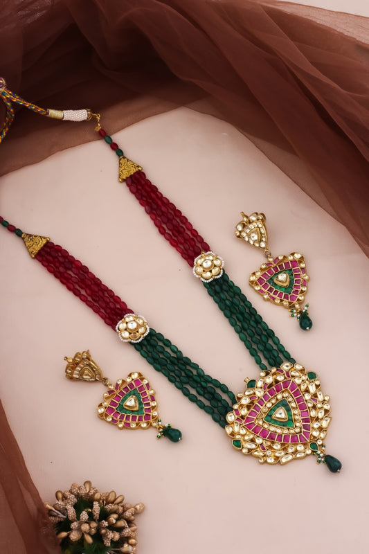 red green long kundan set