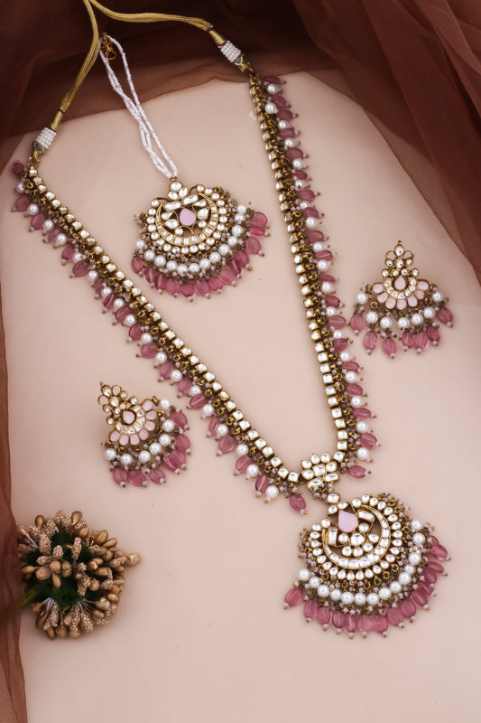 kundan long necklace set with tika