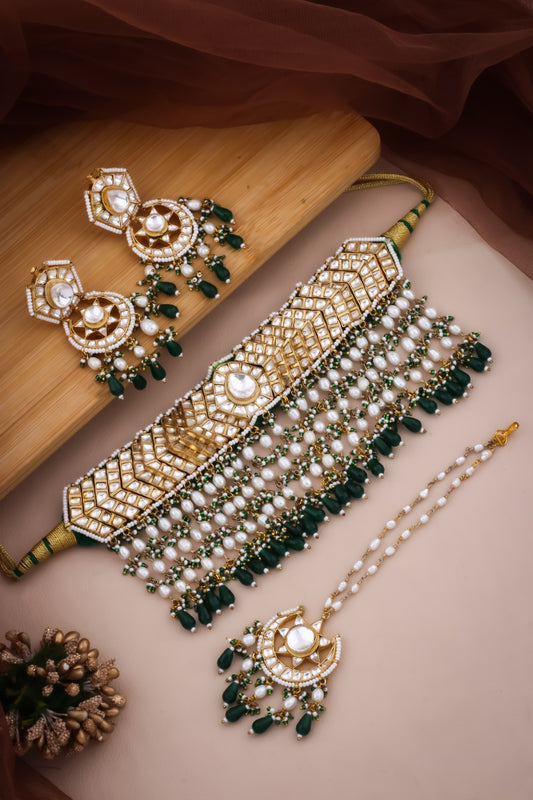 Kundan Choker Necklace Earrings tika Set kchnets220393