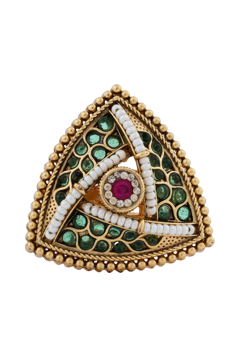 kundan antique gold triangle finger ring 240327