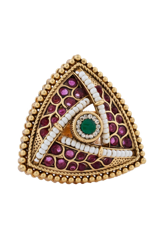 kundan antique gold triangle finger ring 240327