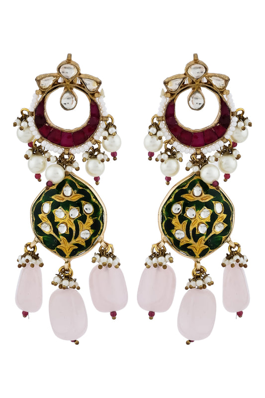 kundan Meena fusion drop earrings with baby pink stone hanging and green enamel drops
