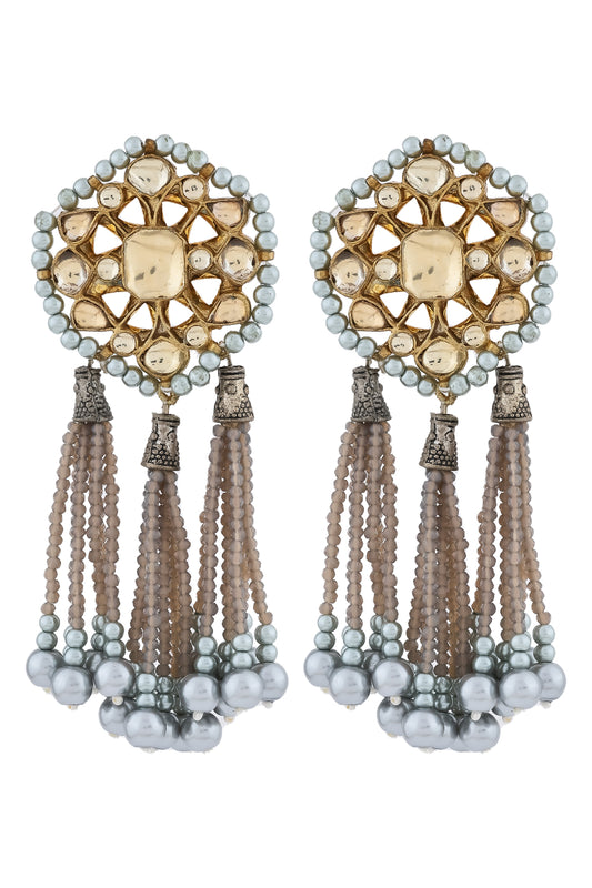 Pair of ornate earrings with decorative elements and tassels on a white background