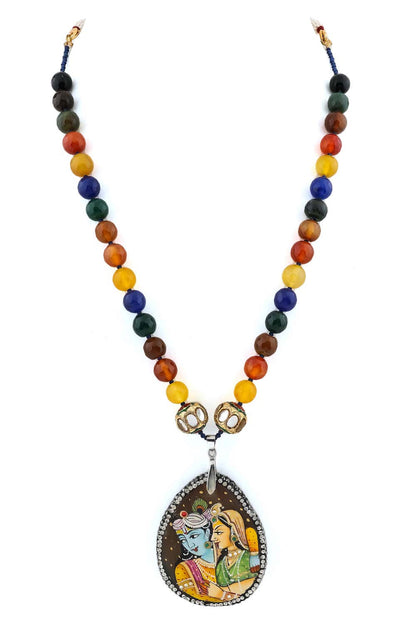 long Radhekrishna handprinted agate pendant with natural jade faceted beads mala