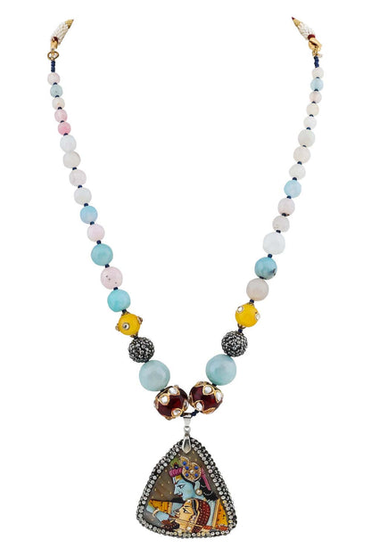 long Radhekrishna handprinted agate pendant with natural jade faceted beads mala