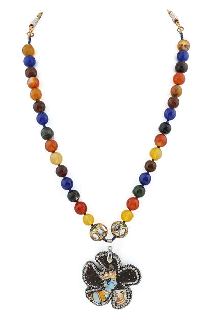 long krishna with cow handprinted agate pendant with natural jade faceted beads mala
