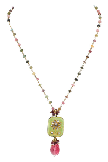 semi precious stone chain with meeenakari pendant double sided