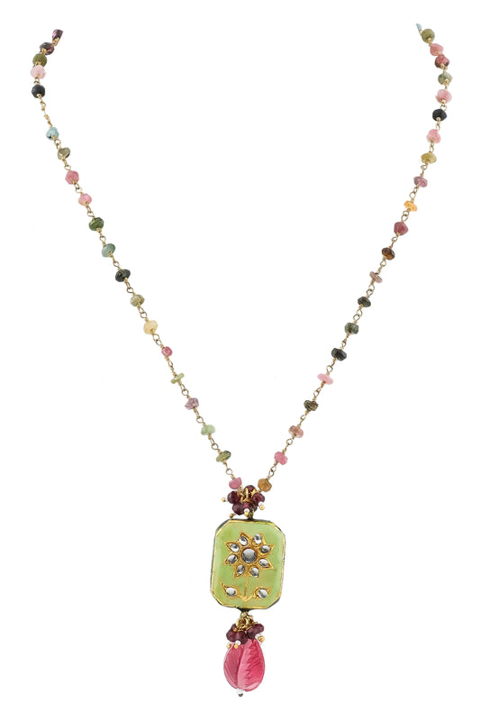 semi precious stone chain with meeenakari pendant double sided