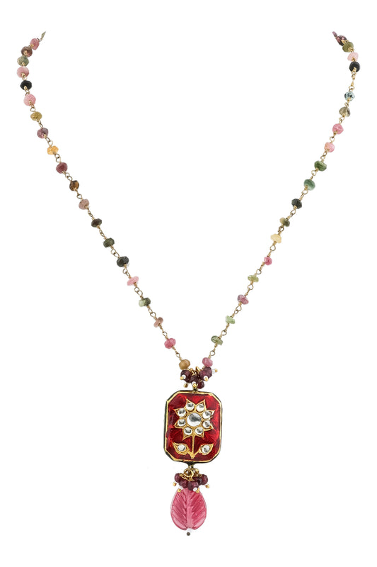 semi precious stone chain with meeenakari pendant double sided