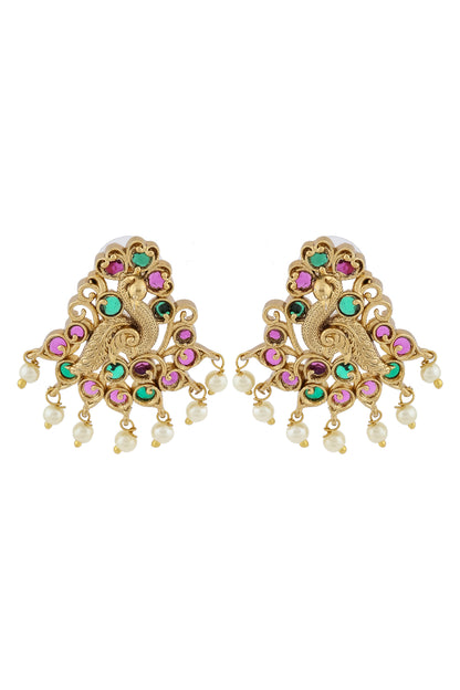 peacock gold kempu stone pendant earrings set