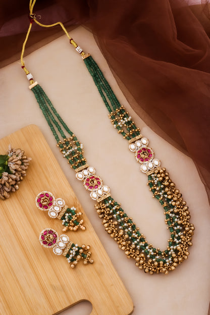 long kundan green ghunghaton necklace set