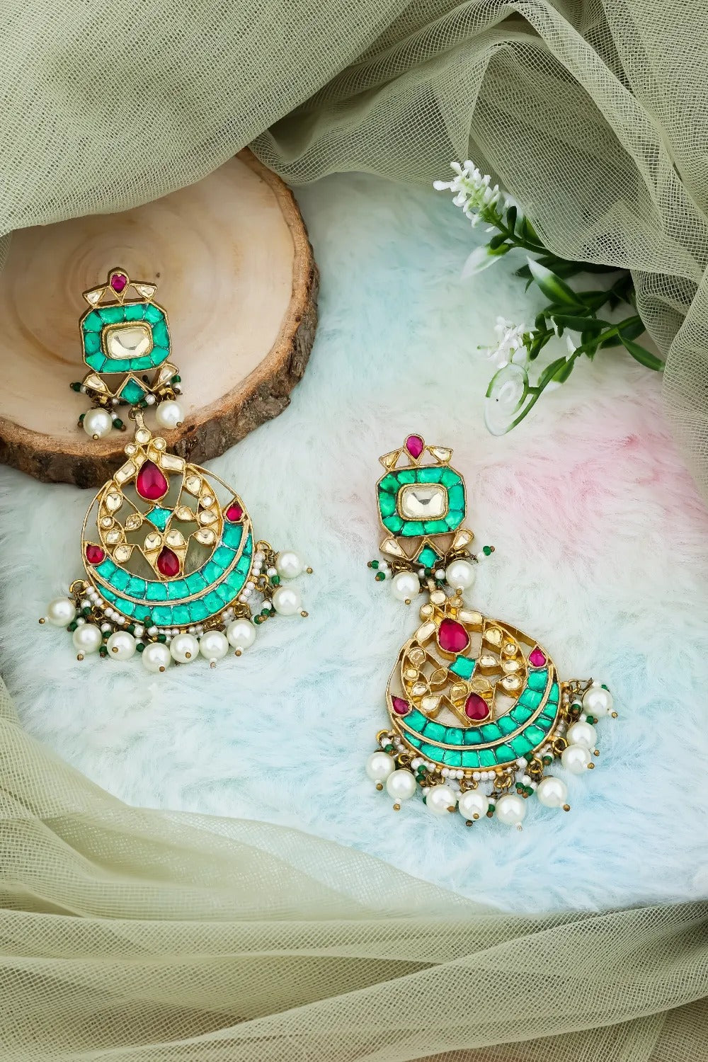 green kundan earrings