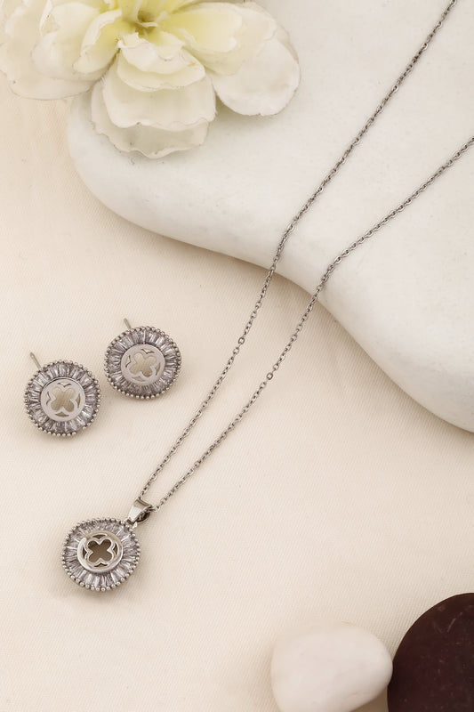 pendant earrings set with stainless steel chain valentine silver finish minimal 250168