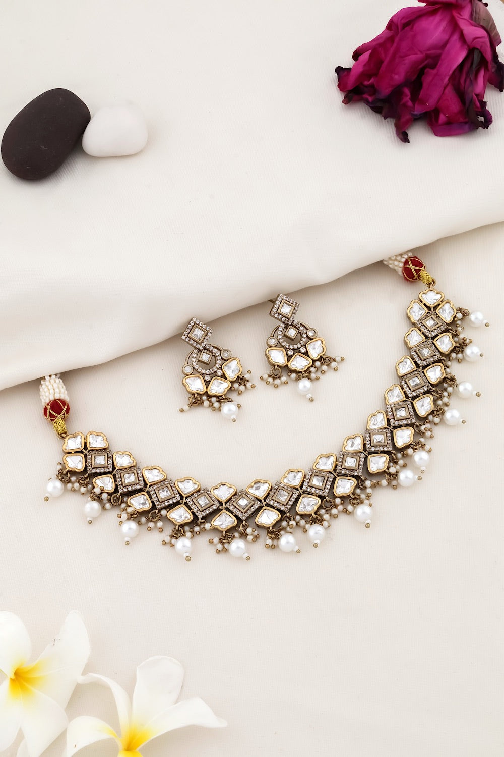 moissanite kundan Cubic Zirconia choker necklace with dainty drop earrings victorian polish