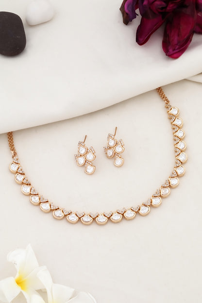 Jadau moissanite polki kundan zirconia delicate choker necklace earring set kadgpchnes250070