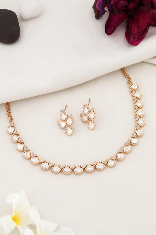 Jadau moissanite polki kundan zirconia delicate choker necklace earring set kadgpchnes250070