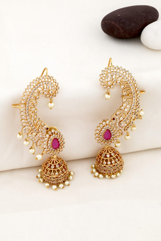 Ad zircon victorian peacock jhumka earrings with kanphool adgpje250033