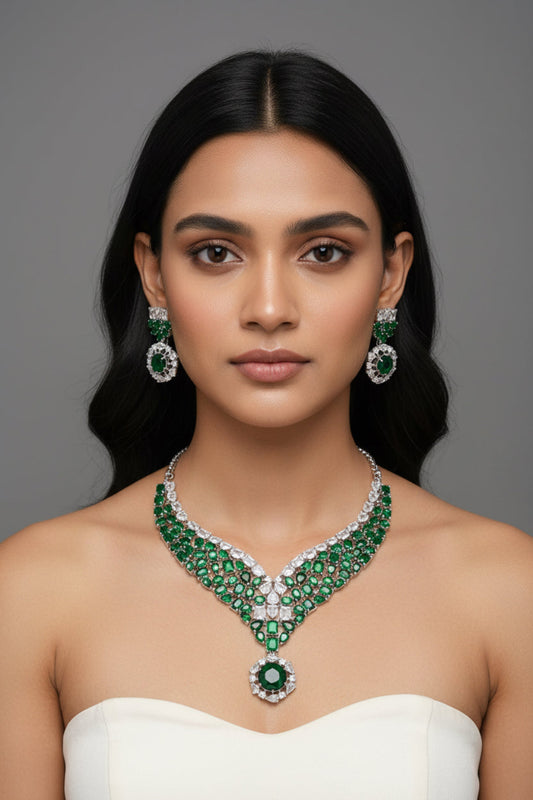 Ad silver polish choker zirconia necklace Set adspnes250086