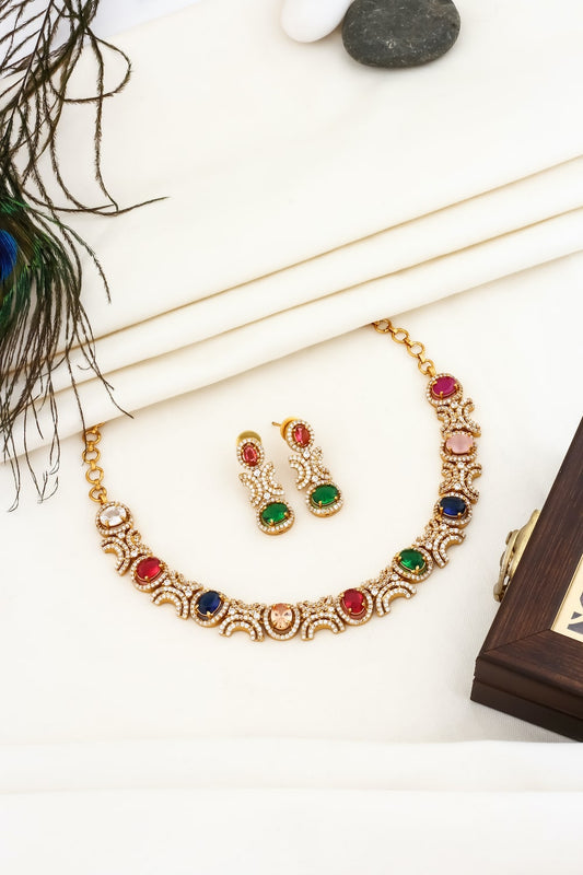 temple antique gold cz stone studded navratna necklace set adchnes250125