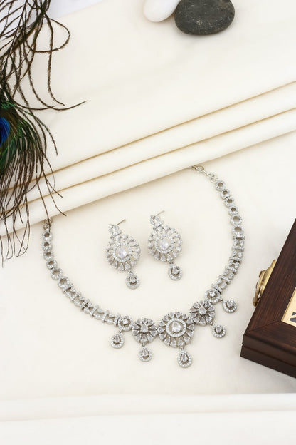 Ad silver polish delicate necklace earrings Set adspchnes250093