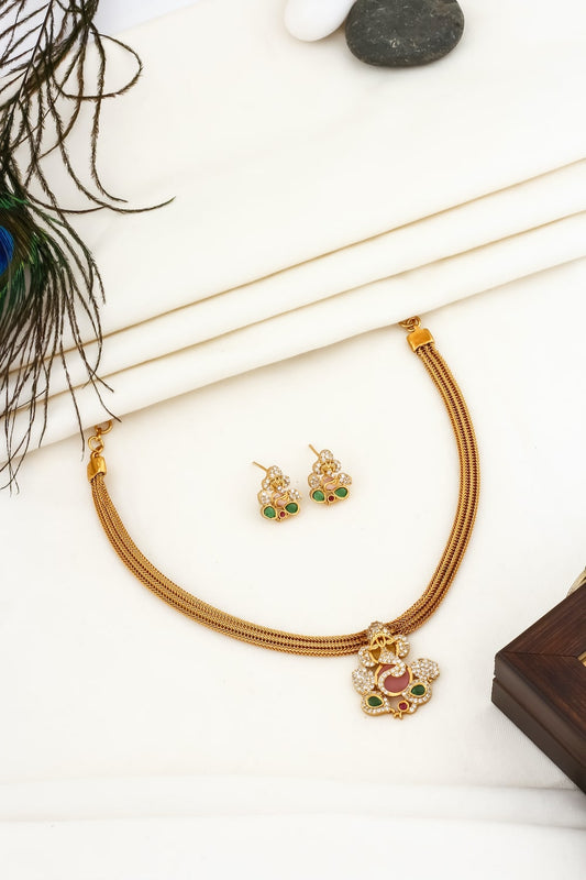 Gold cz Ganeshji chain Necklace Earrings Set adgpchnes250109