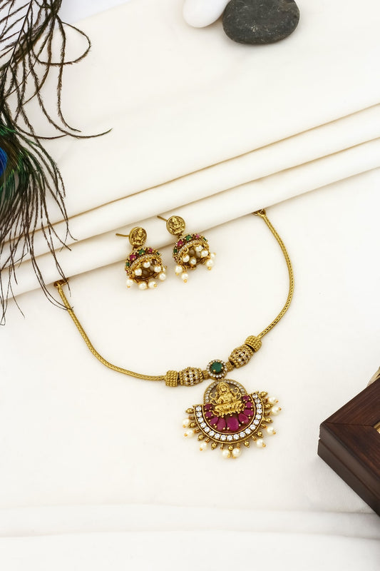 Gold cz lakshmi chain Necklace Earrings Set adgpchnes250108