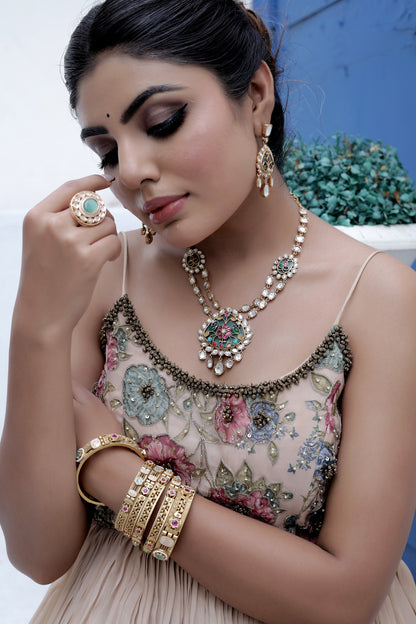 MINT HOLDALI NECKLACE WITH MOISSANITE DOUBLE LAYER AND DROP EARRINGS