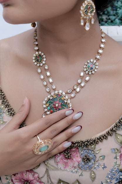 MINT HOLDALI NECKLACE WITH MOISSANITE DOUBLE LAYER AND DROP EARRINGS