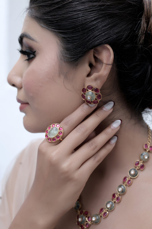 semi preciousprehnite pota ruby inlay in matte gold with stud earrings finger ring