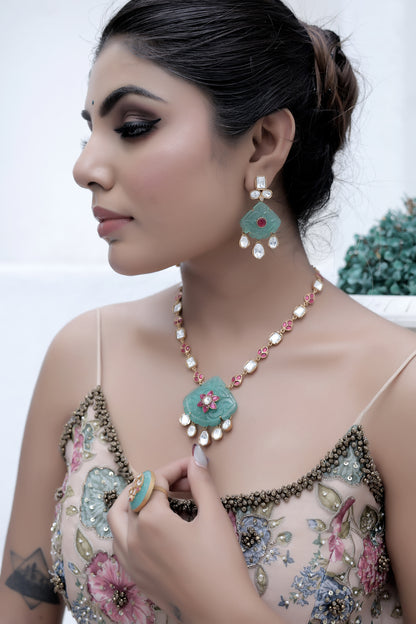 INDIAN JEWELLERY NECKLACE EARRING SET WITH MOISSANITE POLKI STYLE KUNDAN, POTA RUBY, CARVED STONES, INLAY WORK