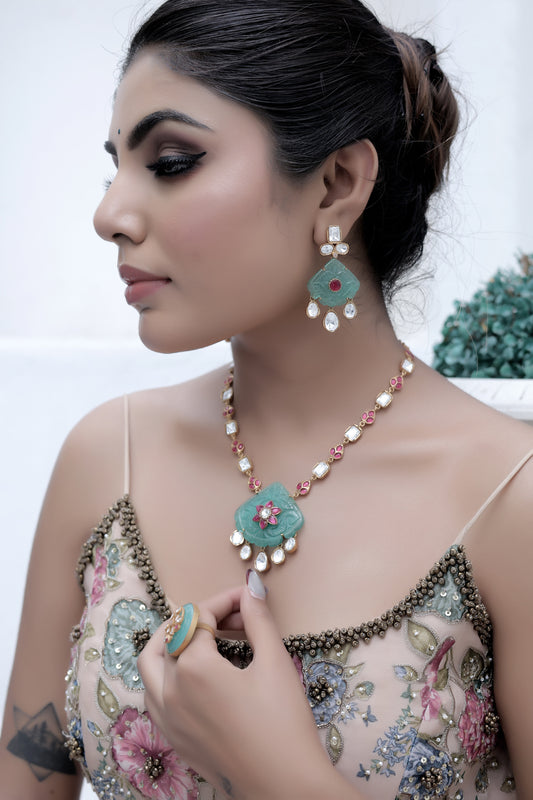 INDIAN JEWELLERY NECKLACE EARRING SET WITH MOISSANITE POLKI STYLE KUNDAN, POTA RUBY, CARVED STONES, INLAY WORK