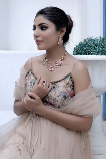 Kundan Choker Necklace Earrings Set Semi precious stone antique polish klnes240356