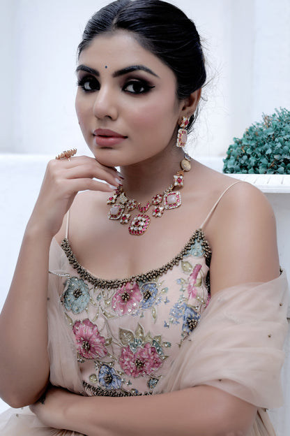 Kundan Choker Necklace Earrings Set Semi precious stone antique polish klnes240356
