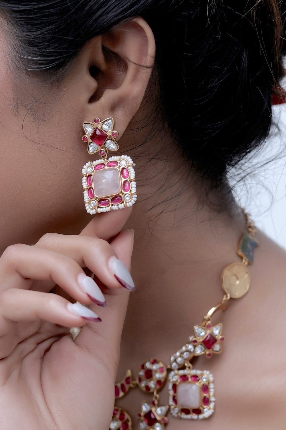 Kundan Choker Necklace Earrings Set Semi precious stone antique polish klnes240356
