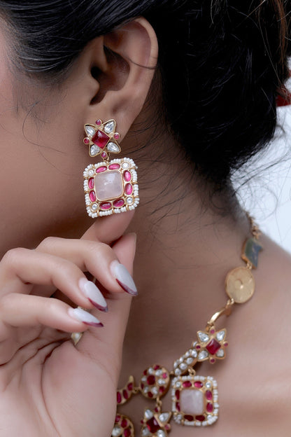 Kundan Choker Necklace Earrings Set Semi precious stone antique polish klnes240356