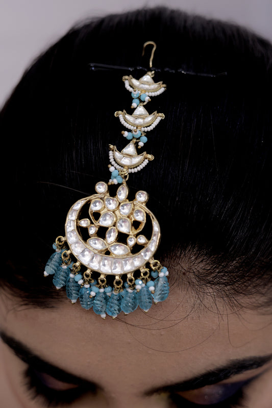 kundan carved sky blue stones tika earrings set