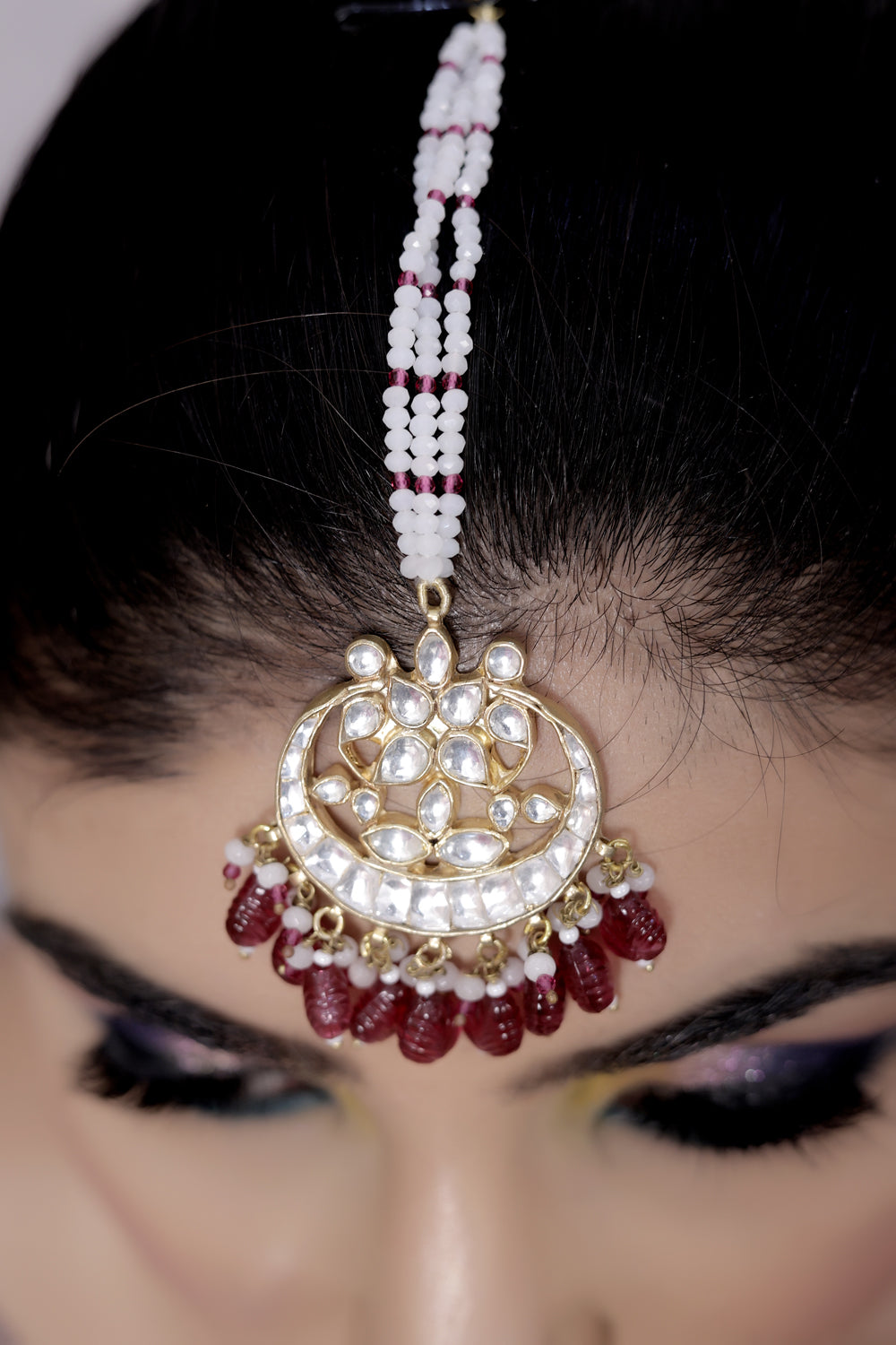 kundan carved maroon stones tika earrings set bridesmaid jewellery