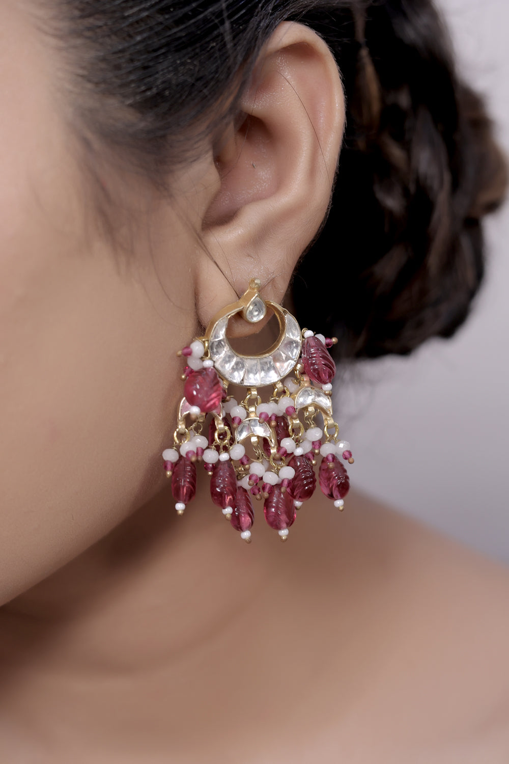 kundan carved maroon stones tika earrings set bridesmaid jewellery