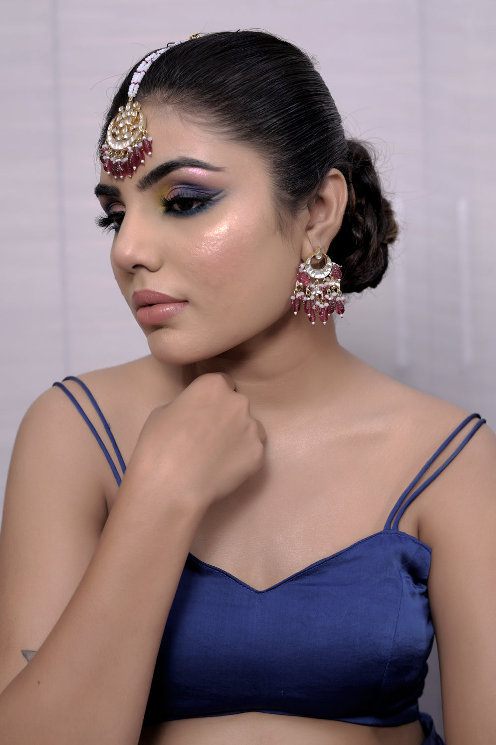 kundan carved maroon stones tika earrings set bridesmaid jewellery