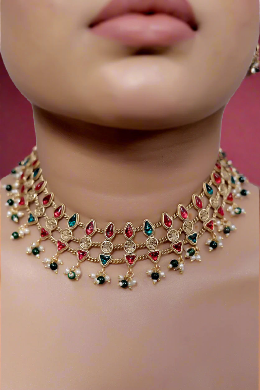 3 layer gold multicolour necklace