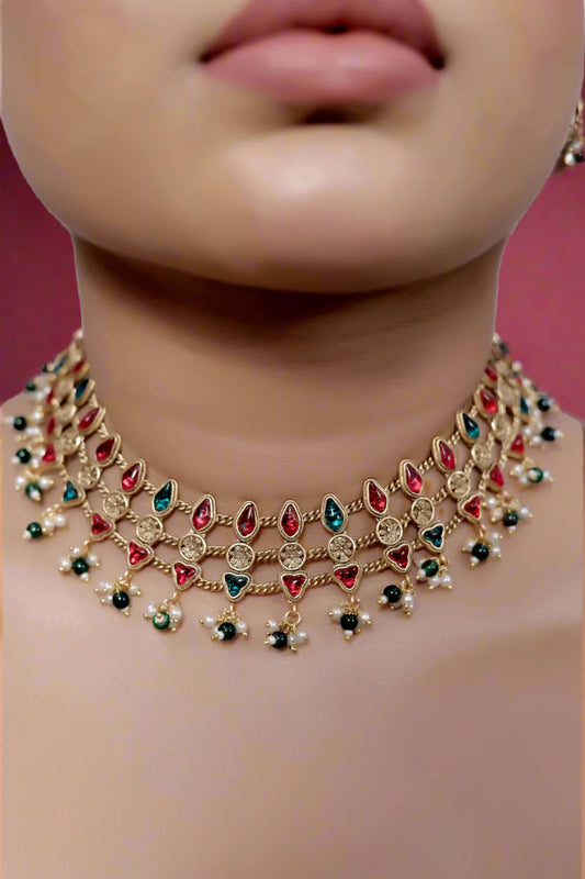 3 layer gold multicolour necklace