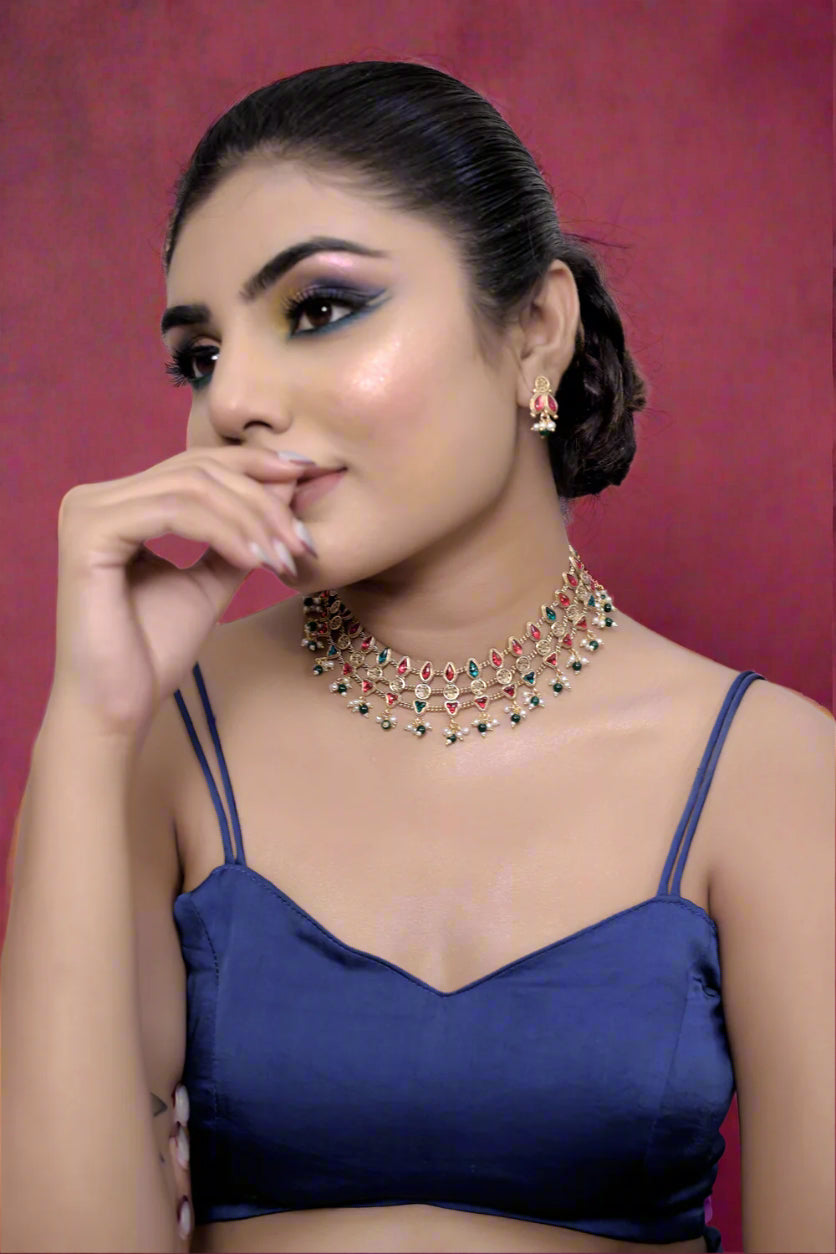 3 layer gold multicolour necklace