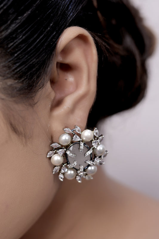 Grey cz pearl silver studs