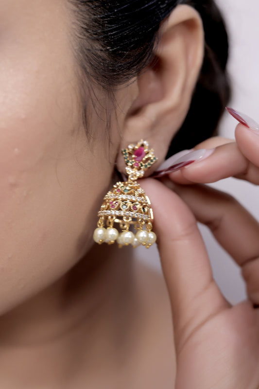 pink green cz gold jhumka
