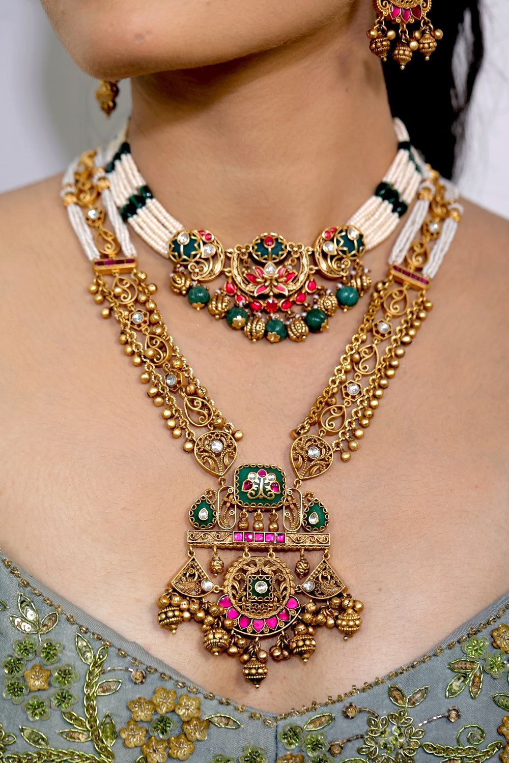 long heritage kundan pearl gold look alike necklace earrings sets