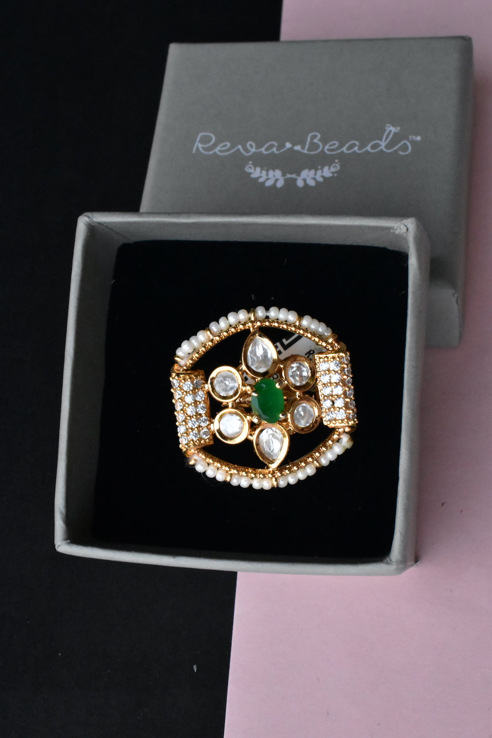 green kundan finger ring