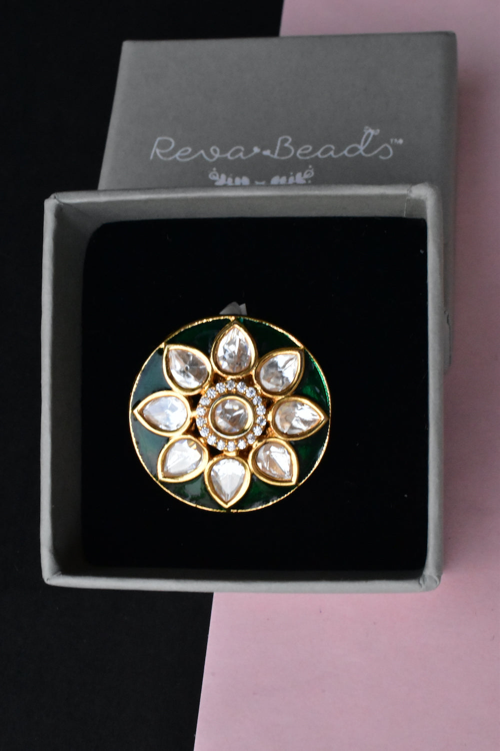 white green kundan finger ring