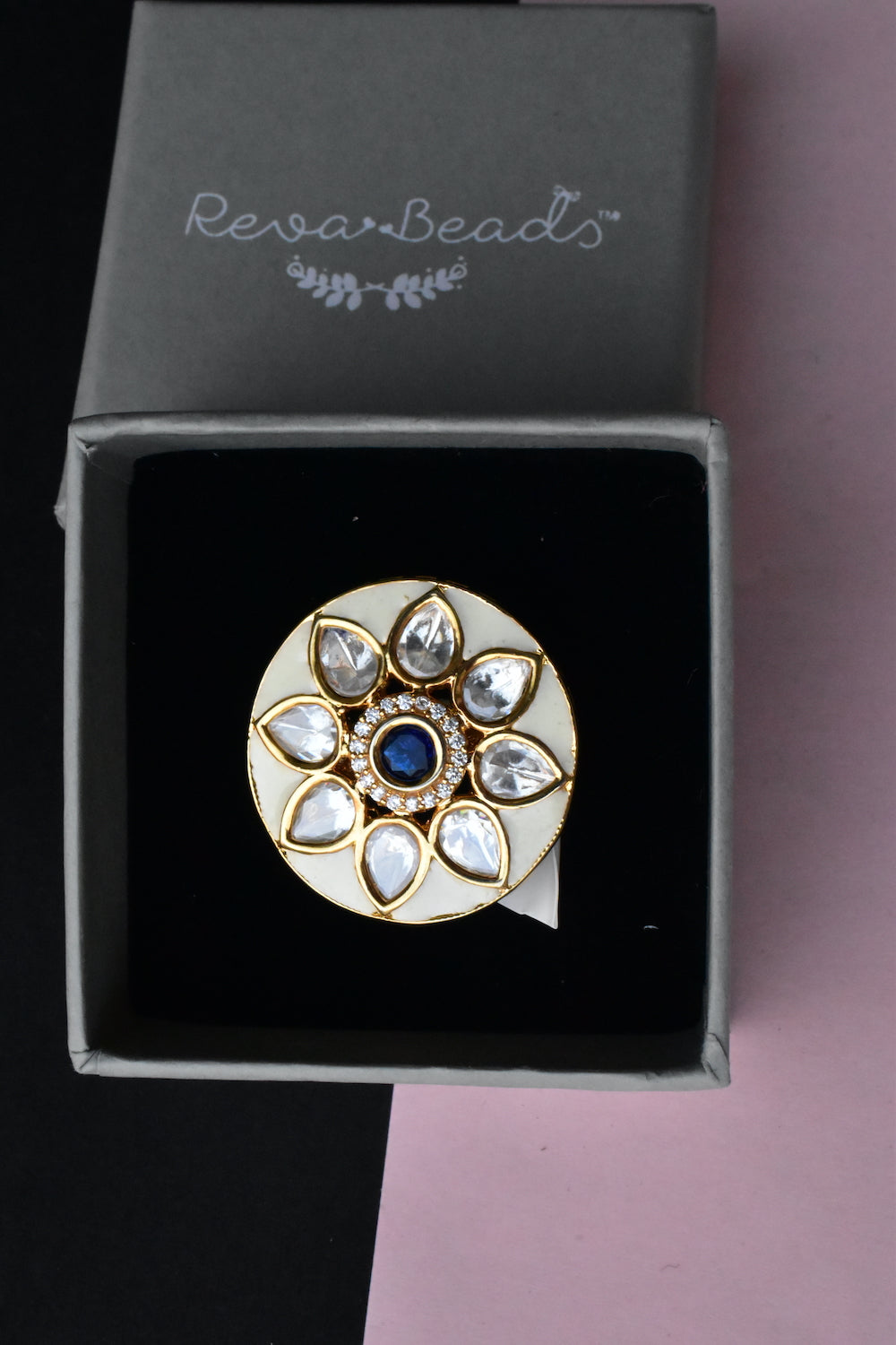 blue white Kundan finger ring