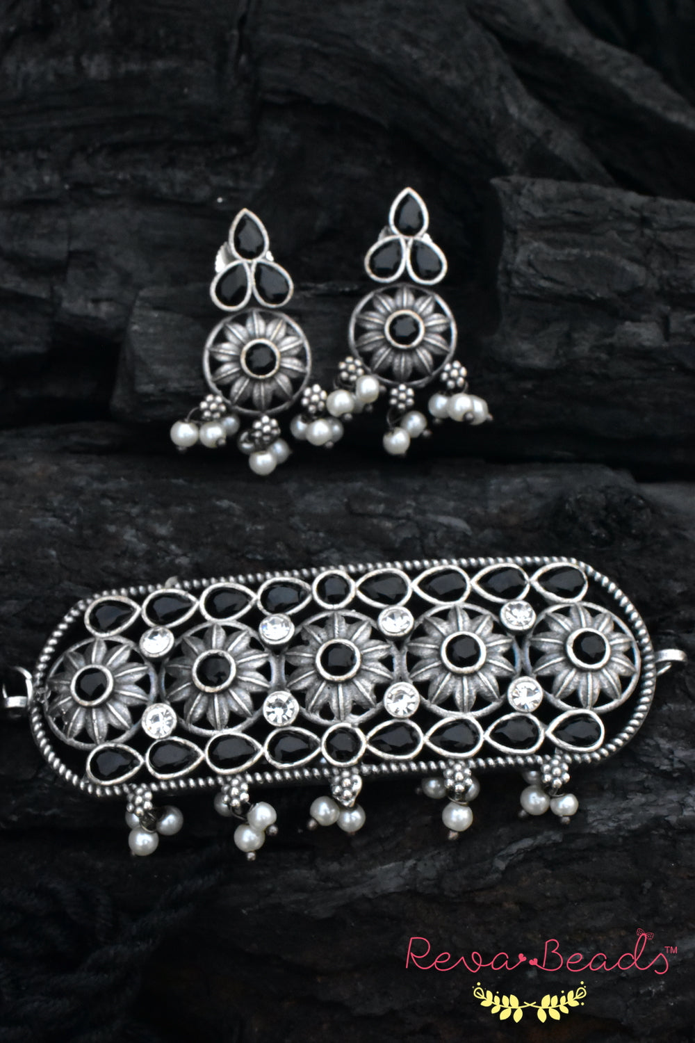 Buy Twinkling Fusion Black Silver Choker with Silver Earrings