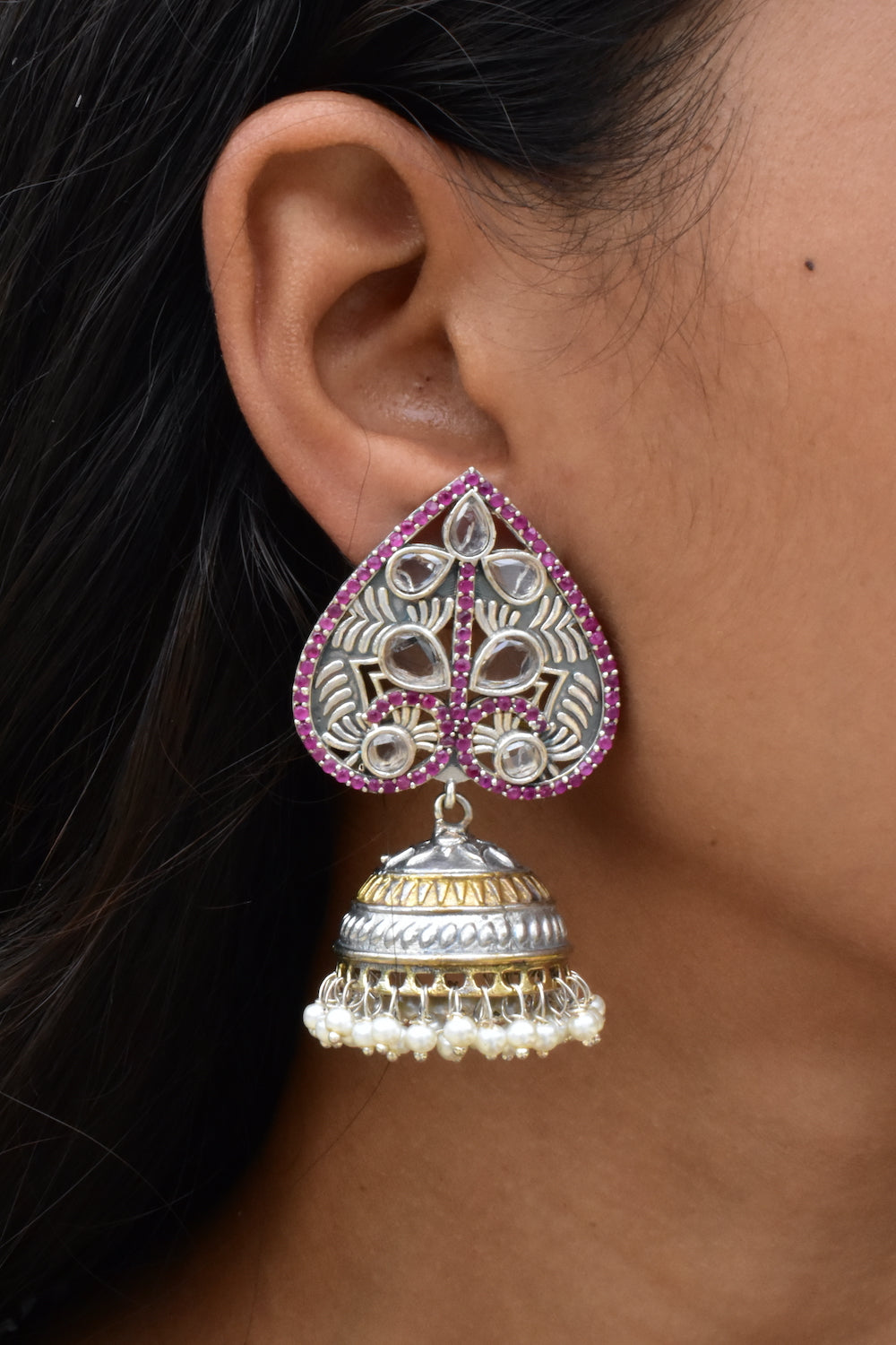 ruby white silver jhumka